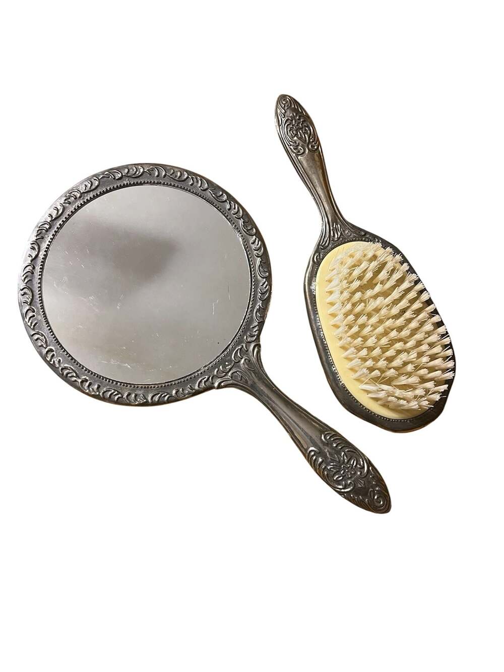 Vintage Silver Repousse Floral Hand Mirror and Hair Brush Vanity Set